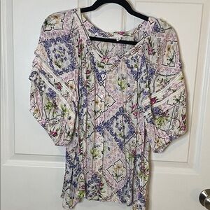 Jane Delancey Top Womens Size XL Puff Sleeve Floral Patchwork Frames Colorful